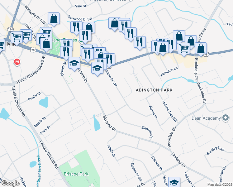 map of restaurants, bars, coffee shops, grocery stores, and more near 2659 Odum Street Southwest in Snellville