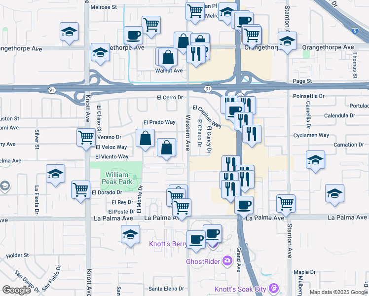 map of restaurants, bars, coffee shops, grocery stores, and more near 7640 Western Avenue in Buena Park