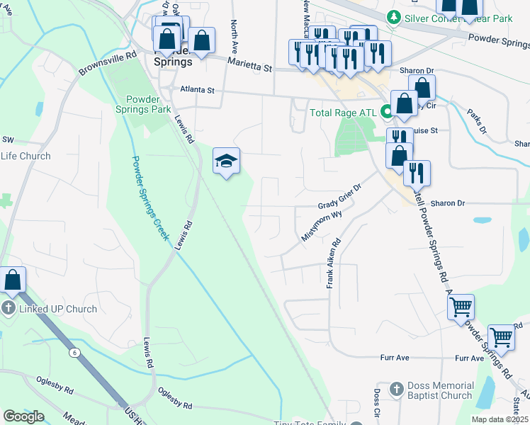 map of restaurants, bars, coffee shops, grocery stores, and more near 4201 New Towne Drive in Powder Springs