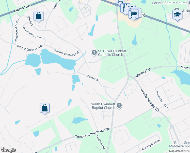 map of restaurants, bars, coffee shops, grocery stores, and more near 3236 Classic Drive in Snellville