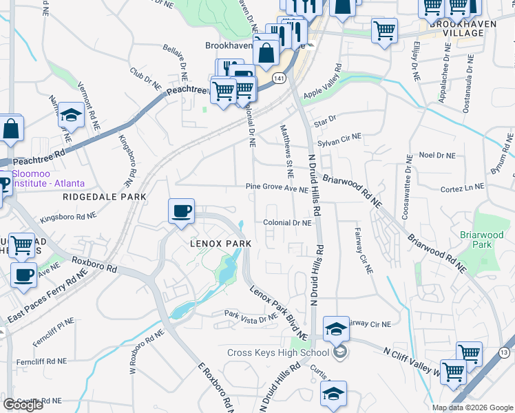 map of restaurants, bars, coffee shops, grocery stores, and more near 2295 Colonial Drive Northeast in Atlanta