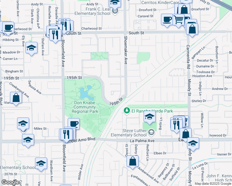 map of restaurants, bars, coffee shops, grocery stores, and more near 12825 Wrightwick Drive in Cerritos
