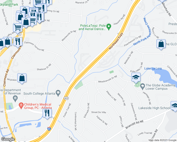 map of restaurants, bars, coffee shops, grocery stores, and more near 16106 Skyline Lane Northeast in Atlanta