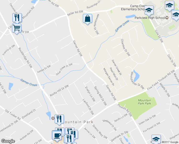 map of restaurants, bars, coffee shops, grocery stores, and more near 1005 Garner Road Southwest in Lilburn