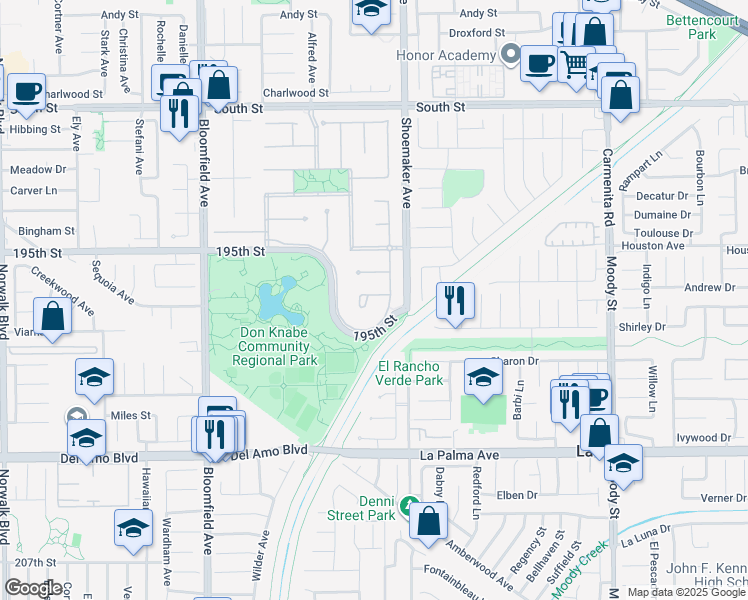 map of restaurants, bars, coffee shops, grocery stores, and more near 12825 Wrightwick Drive in Cerritos