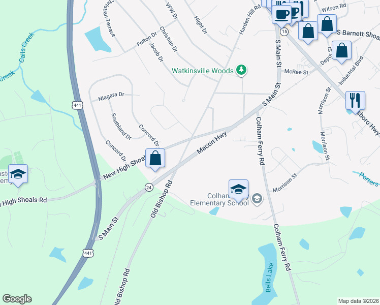map of restaurants, bars, coffee shops, grocery stores, and more near 130A Harden Hill Road in Watkinsville