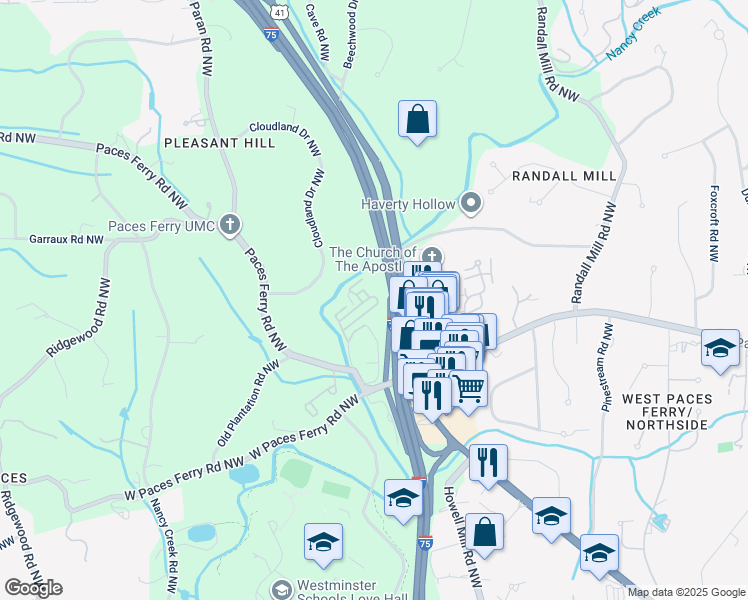 map of restaurants, bars, coffee shops, grocery stores, and more near 3488 Paces Place Northwest in Atlanta