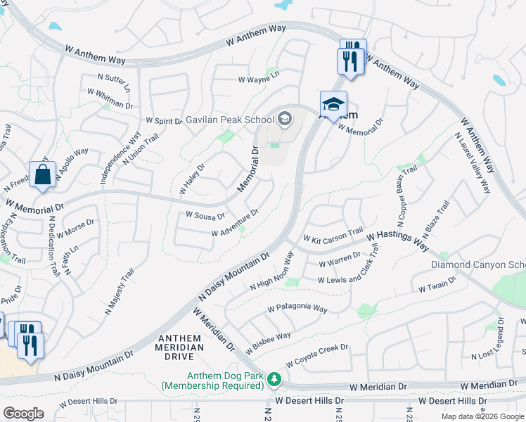 map of restaurants, bars, coffee shops, grocery stores, and more near 2731 West Adventure Drive in New River