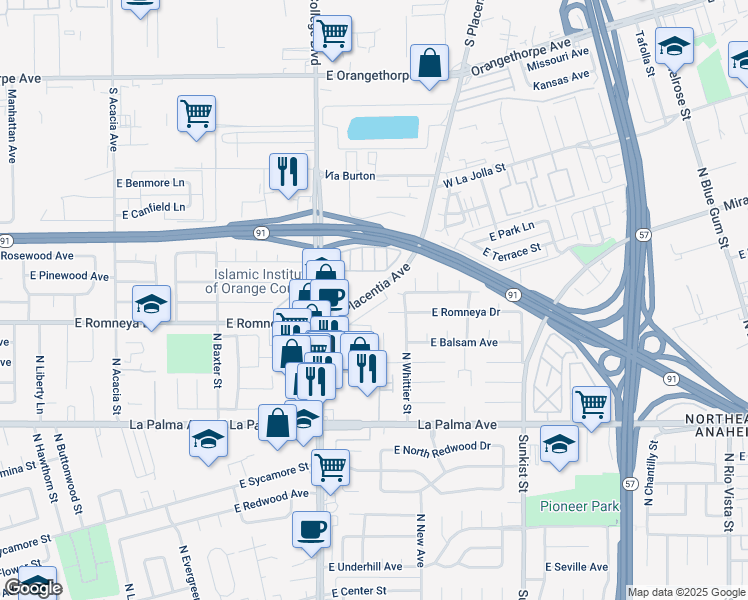 map of restaurants, bars, coffee shops, grocery stores, and more near 1266 North Placentia Avenue in Anaheim