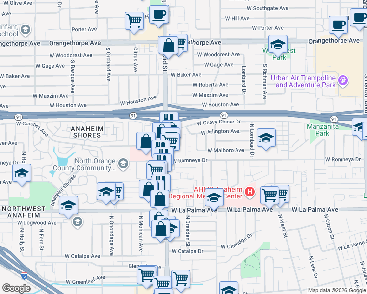 map of restaurants, bars, coffee shops, grocery stores, and more near 1237 North Dresden Place in Anaheim