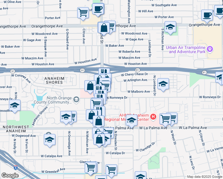map of restaurants, bars, coffee shops, grocery stores, and more near 1237 North Dresden Place in Anaheim