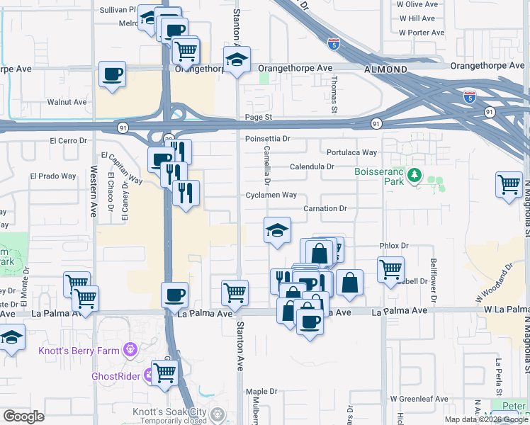 map of restaurants, bars, coffee shops, grocery stores, and more near 8109 Carnation Drive in Buena Park