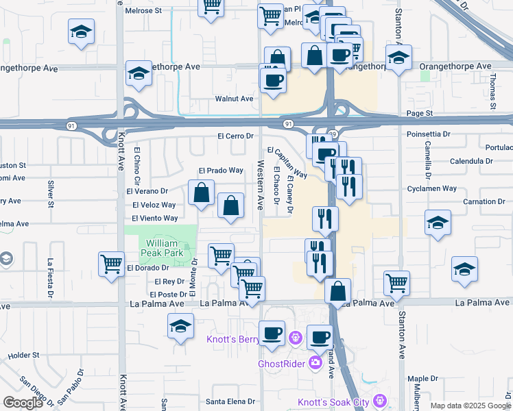 map of restaurants, bars, coffee shops, grocery stores, and more near 7640 Western Avenue in Buena Park