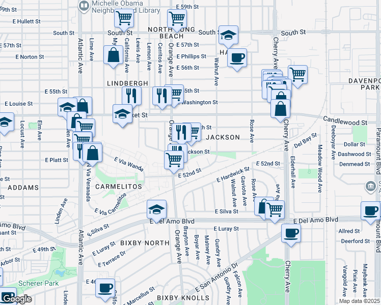 map of restaurants, bars, coffee shops, grocery stores, and more near 1309 East Jackson Street in Long Beach