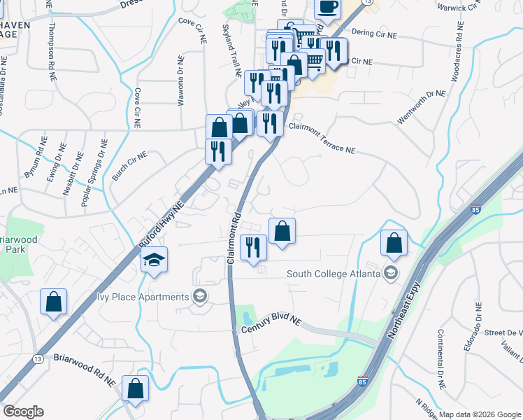 map of restaurants, bars, coffee shops, grocery stores, and more near 3209 Clairmont Road in Atlanta