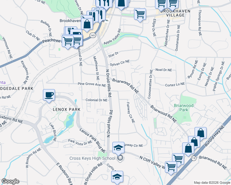 map of restaurants, bars, coffee shops, grocery stores, and more near 1254 Lindenwood Lane Northeast in Atlanta