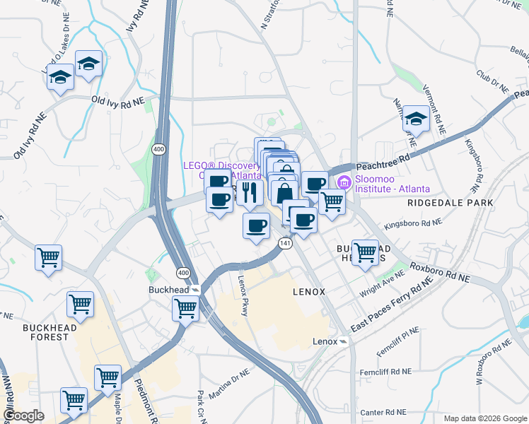 map of restaurants, bars, coffee shops, grocery stores, and more near 3440 Peachtree Road in Atlanta