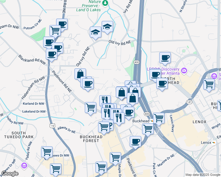 map of restaurants, bars, coffee shops, grocery stores, and more near 51 Ivy Chase Northeast in Atlanta