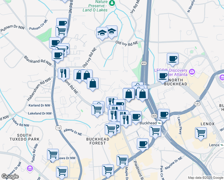 map of restaurants, bars, coffee shops, grocery stores, and more near 40 Ivy Chase Northeast in Atlanta