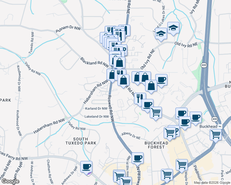map of restaurants, bars, coffee shops, grocery stores, and more near 3535 Roswell Road Northeast in Atlanta