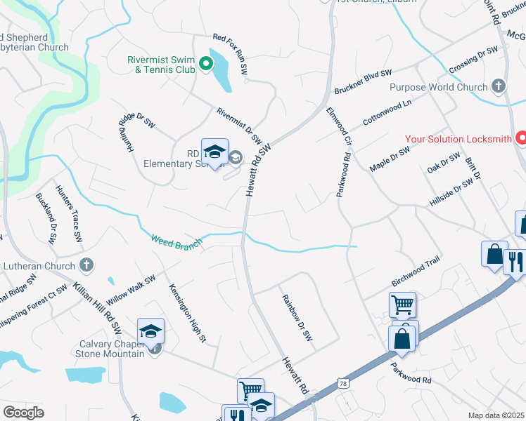 map of restaurants, bars, coffee shops, grocery stores, and more near 3717 Kelin Court Southwest in Lilburn