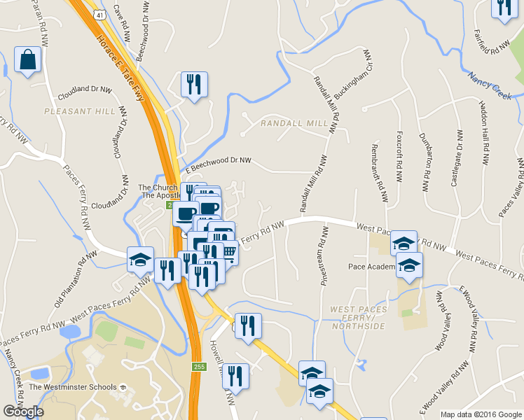 map of restaurants, bars, coffee shops, grocery stores, and more near 3211 W Paces Park Court Northwest in Atlanta
