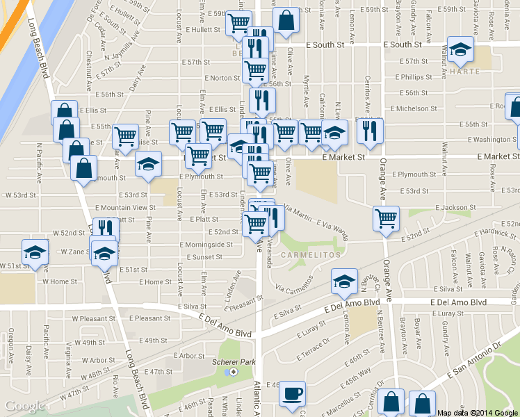 map of restaurants, bars, coffee shops, grocery stores, and more near 5267 Atlantic Avenue in Long Beach
