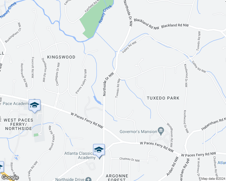 map of restaurants, bars, coffee shops, grocery stores, and more near 3540 Tuxedo Road Northwest in Atlanta