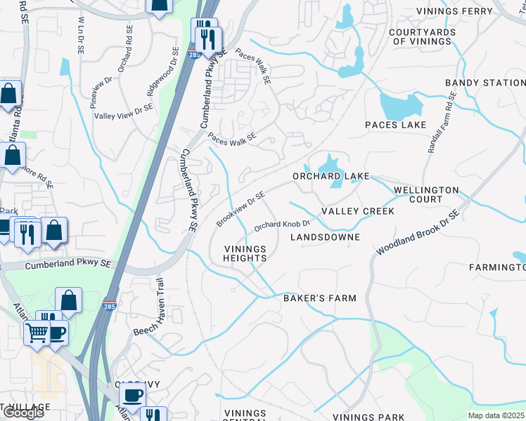 map of restaurants, bars, coffee shops, grocery stores, and more near 4180 Valley Trail Drive Southeast in Atlanta