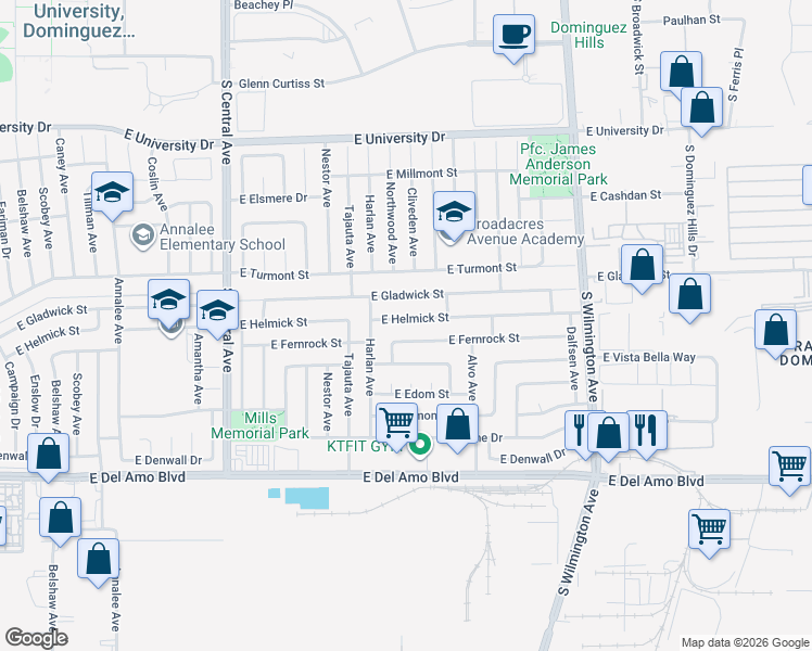 map of restaurants, bars, coffee shops, grocery stores, and more near 1608 East Helmick Street in Carson