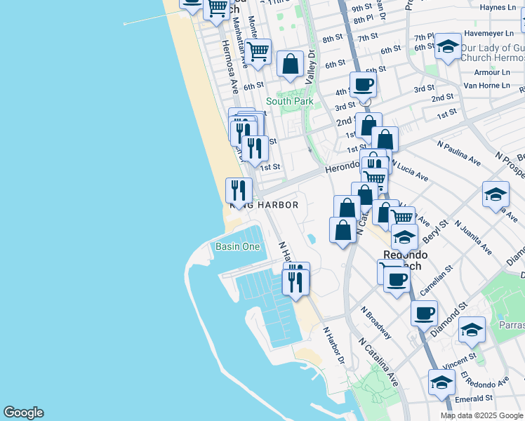 map of restaurants, bars, coffee shops, grocery stores, and more near in Redondo Beach
