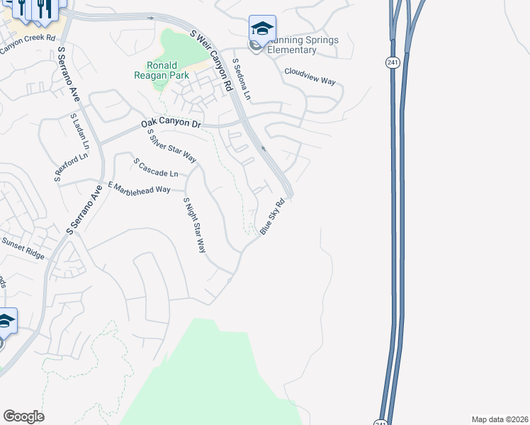 map of restaurants, bars, coffee shops, grocery stores, and more near 1370 South Country Glen Way in Anaheim