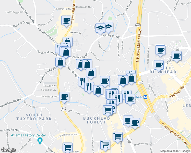 map of restaurants, bars, coffee shops, grocery stores, and more near 3525 Piedmont Road Northeast in Atlanta