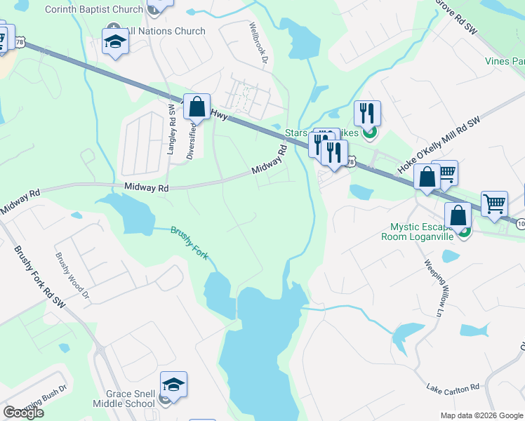 map of restaurants, bars, coffee shops, grocery stores, and more near 3450 Lake Carlton Road in Loganville