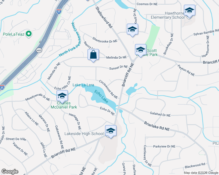 map of restaurants, bars, coffee shops, grocery stores, and more near 2501 Raintree Drive Northeast in Atlanta