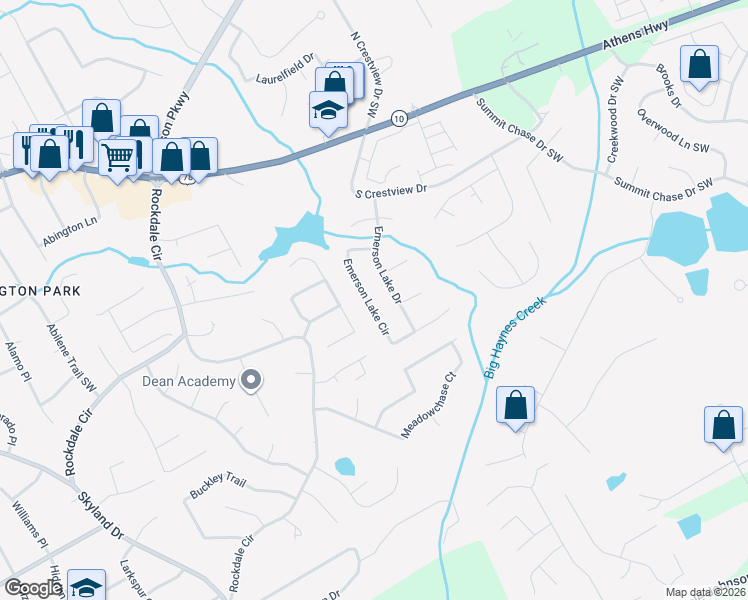 map of restaurants, bars, coffee shops, grocery stores, and more near 1834 Emerson Lake Circle in Snellville