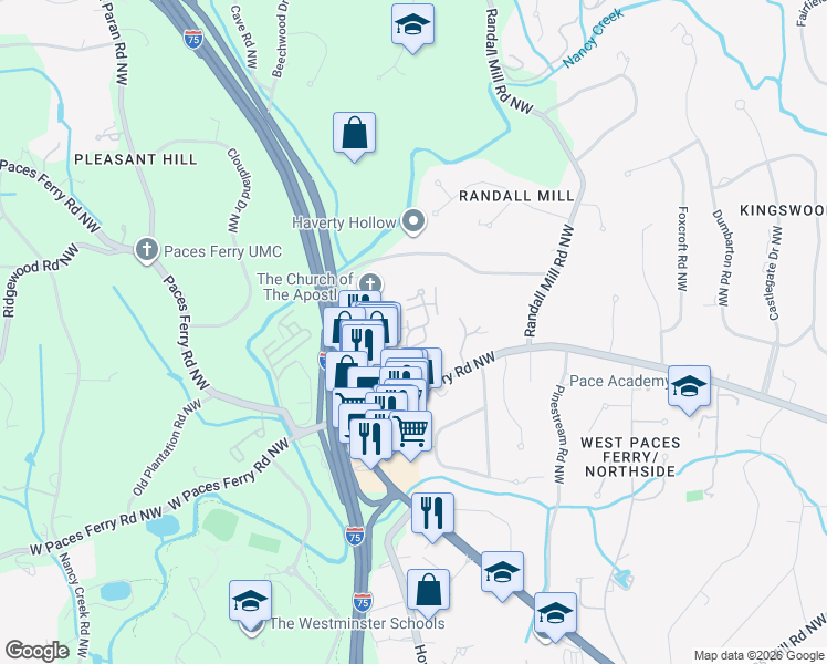 map of restaurants, bars, coffee shops, grocery stores, and more near 8 Paces West Terrace Northwest in Atlanta