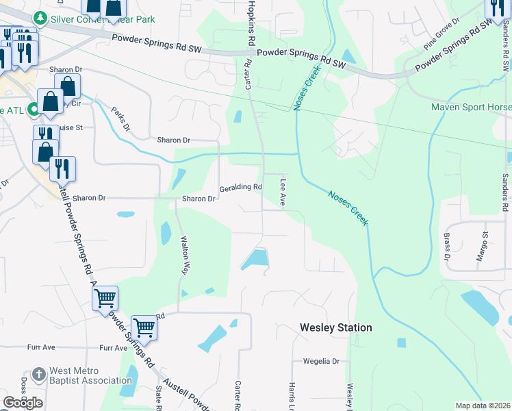 map of restaurants, bars, coffee shops, grocery stores, and more near 4186 Carter Road in Powder Springs