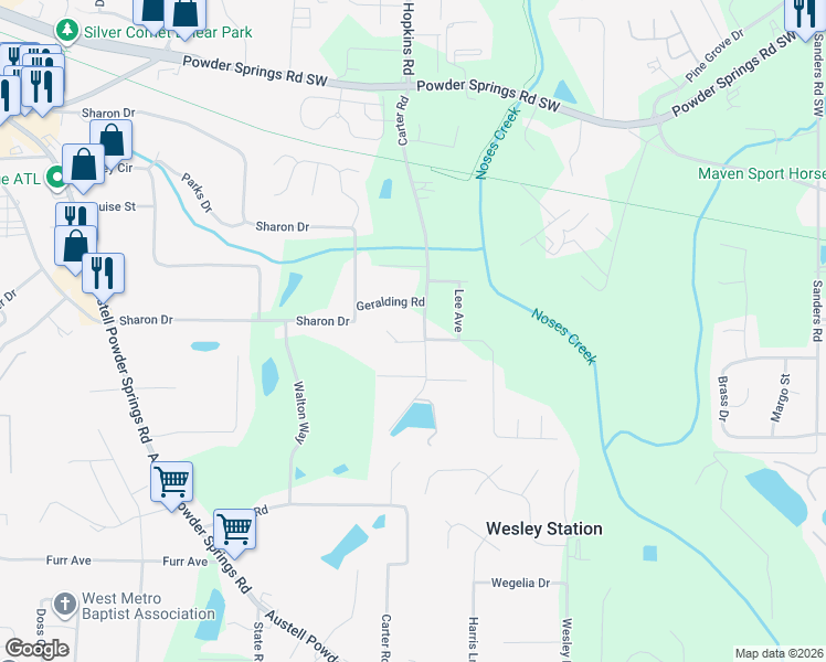 map of restaurants, bars, coffee shops, grocery stores, and more near 4186 Carter Road in Powder Springs