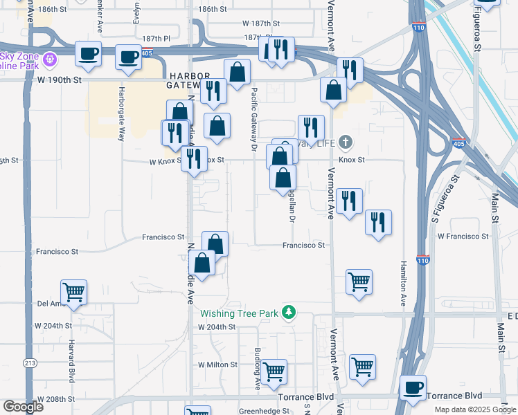 map of restaurants, bars, coffee shops, grocery stores, and more near 19780 Pacific Gateway Drive in Torrance