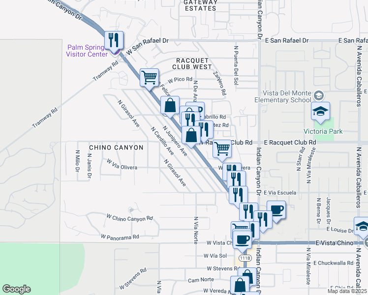map of restaurants, bars, coffee shops, grocery stores, and more near 2480 North Junipero Avenue in Palm Springs