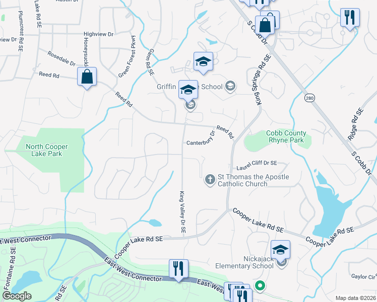map of restaurants, bars, coffee shops, grocery stores, and more near 4199 King Valley Drive Southeast in Smyrna