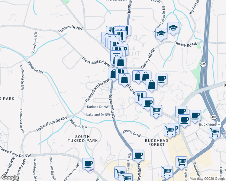 map of restaurants, bars, coffee shops, grocery stores, and more near 3541 Roswell Road Northeast in Atlanta