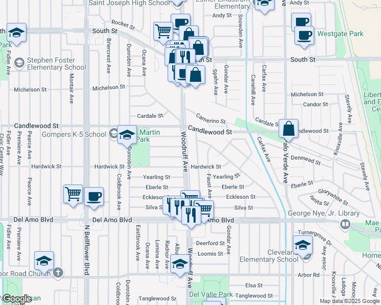 map of restaurants, bars, coffee shops, grocery stores, and more near 5134 Woodruff Avenue in Lakewood