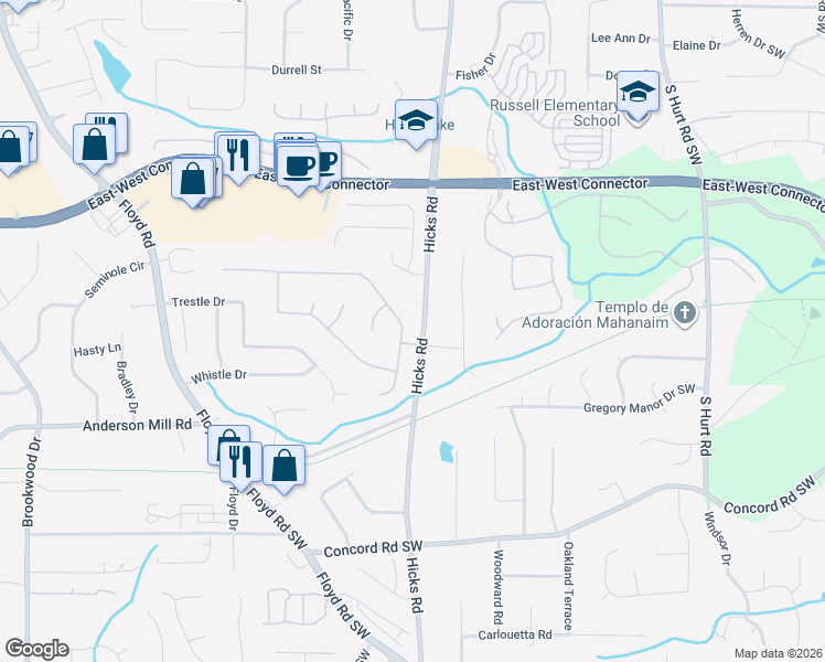 map of restaurants, bars, coffee shops, grocery stores, and more near 4032 Brantley Drive in Austell