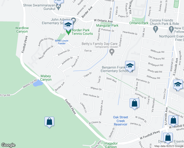 map of restaurants, bars, coffee shops, grocery stores, and more near 2757 Cape Drive in Corona