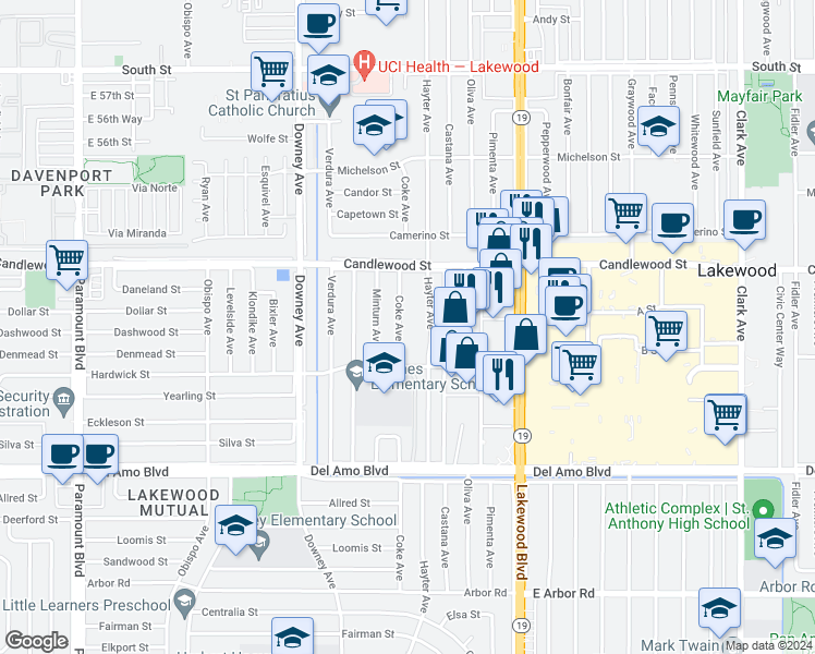 map of restaurants, bars, coffee shops, grocery stores, and more near 5144 Coke Avenue in Lakewood