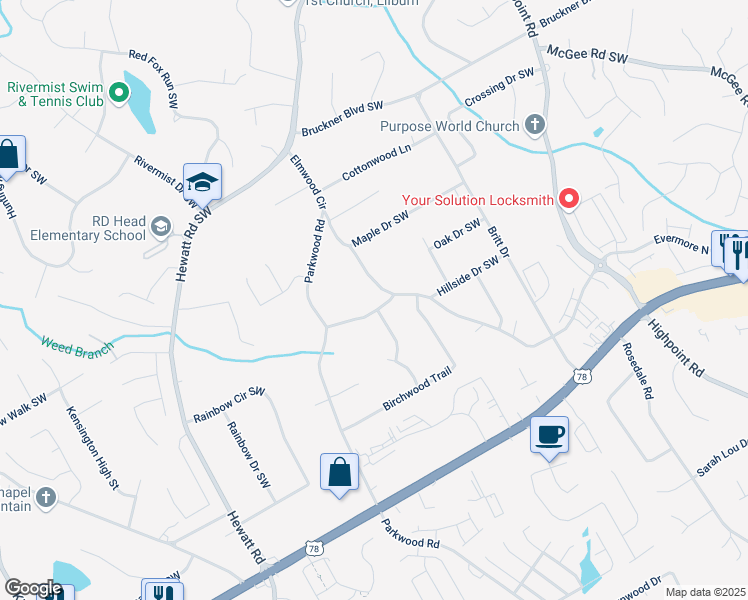map of restaurants, bars, coffee shops, grocery stores, and more near 1959 Elmwood Circle in Snellville