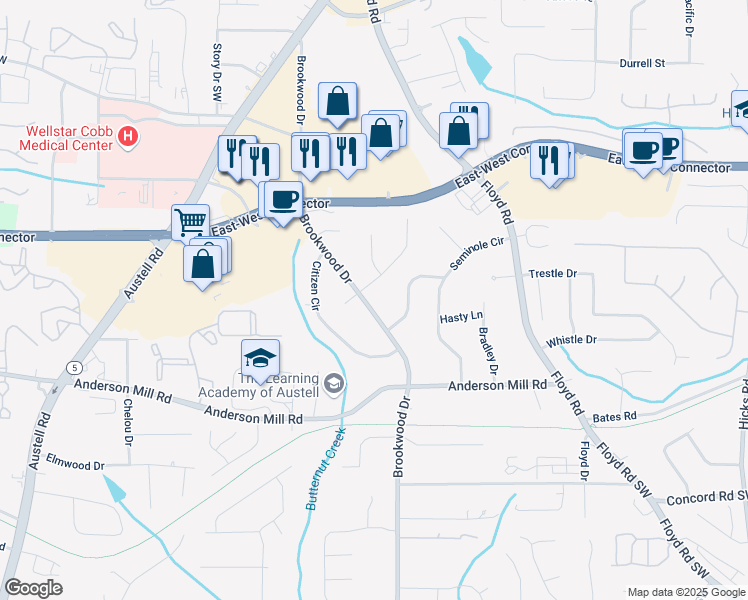 map of restaurants, bars, coffee shops, grocery stores, and more near 4185 Brookwood Dr in Austell