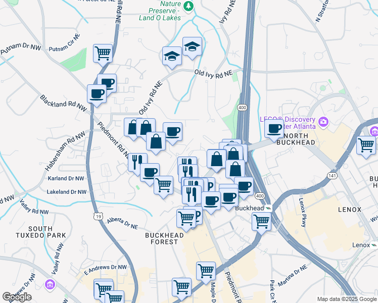 map of restaurants, bars, coffee shops, grocery stores, and more near 40 Ivy Chase Northeast in Atlanta